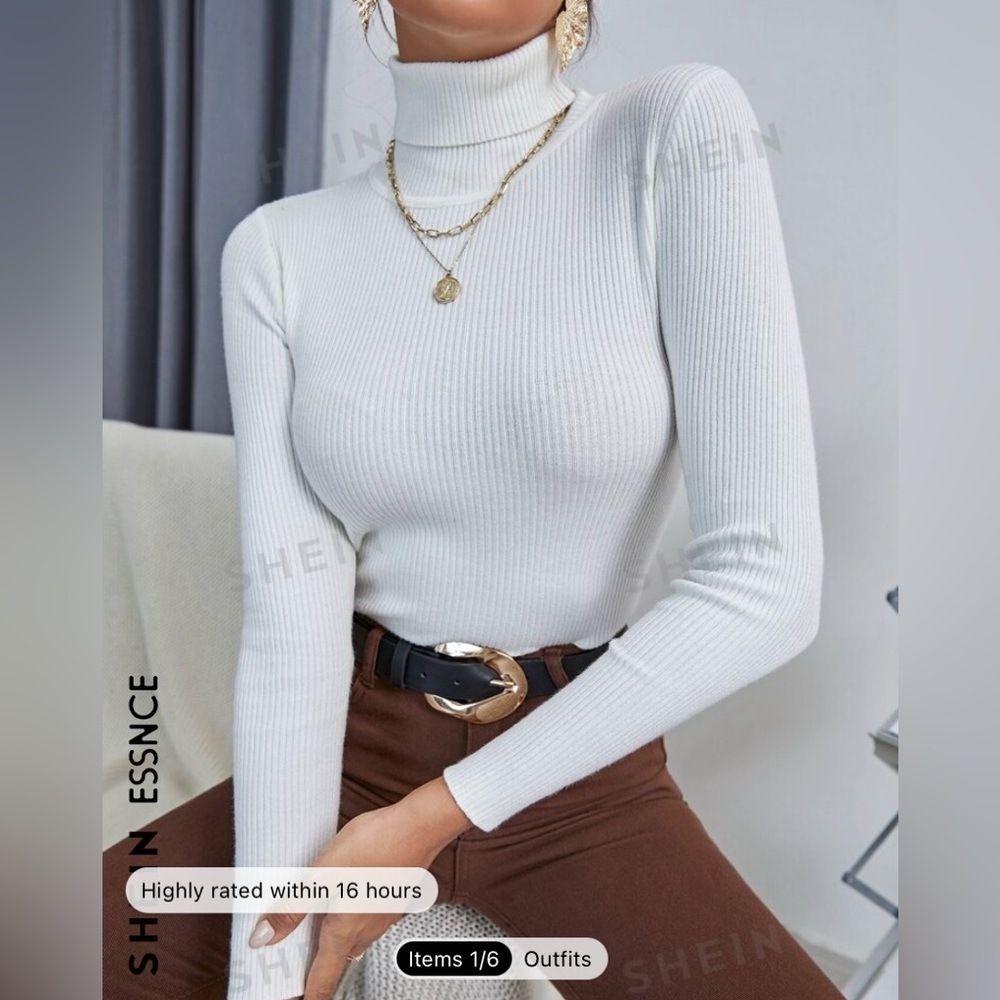 SHEIN Essnce Solid High Neck Rib Knit Sweater